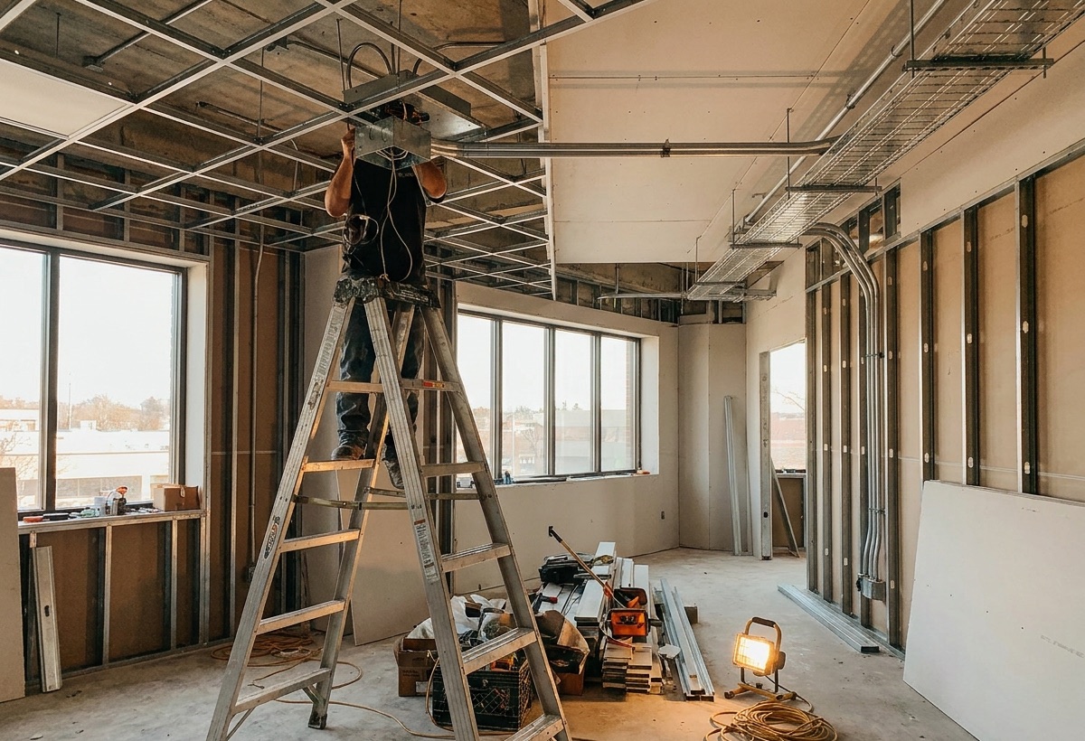 Electrician installing ceiling wiring during a commercial tenant improvement build-out