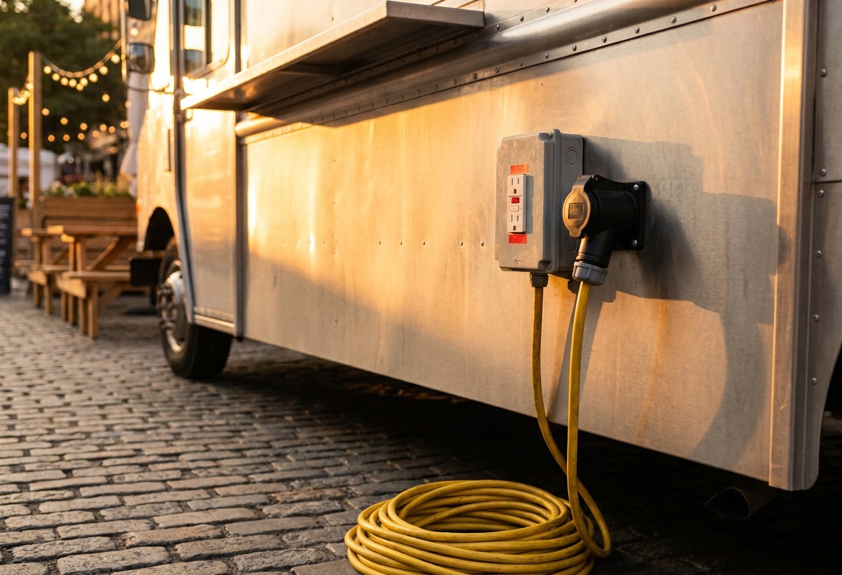 Shore-power electrical connection on the side of a food truck