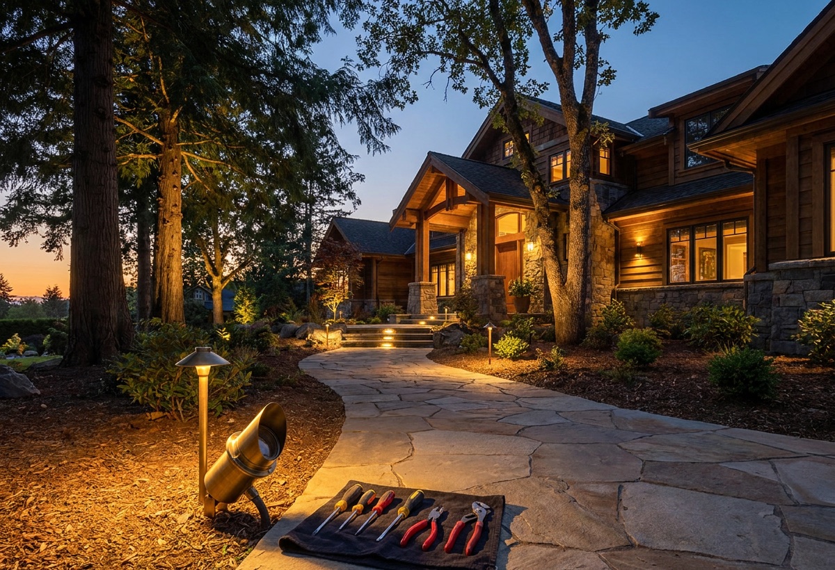 Landscape lighting illuminating a stone pathway toward a North Shore estate home at dusk