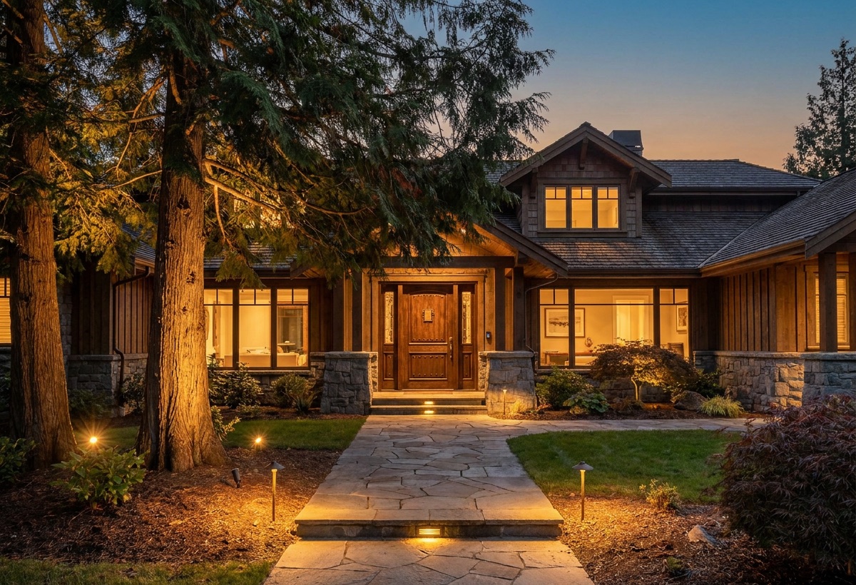 Landscape and step lighting illuminating a stone pathway to a home at dusk